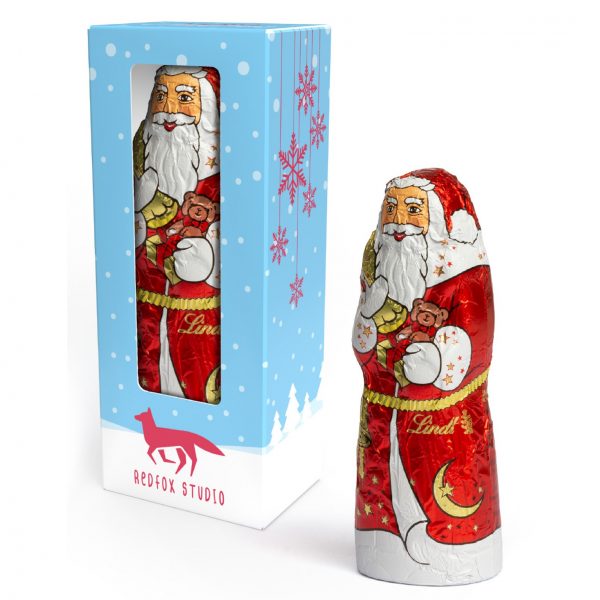Santa Claus made from finest milk chocolate in personalized cardboard with viewing window.